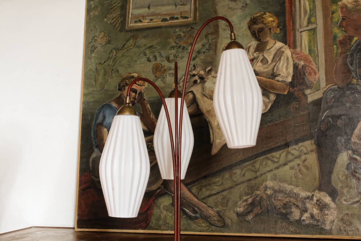 Lampadaire Lunel, 3 tulipes en verre blanc