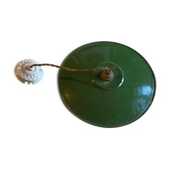 Vintage lampshade in green enamelled sheet metal and porcelain cord and platinum