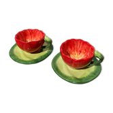 2 tasses à café fleurs rouge et feuille en barbotine bergère