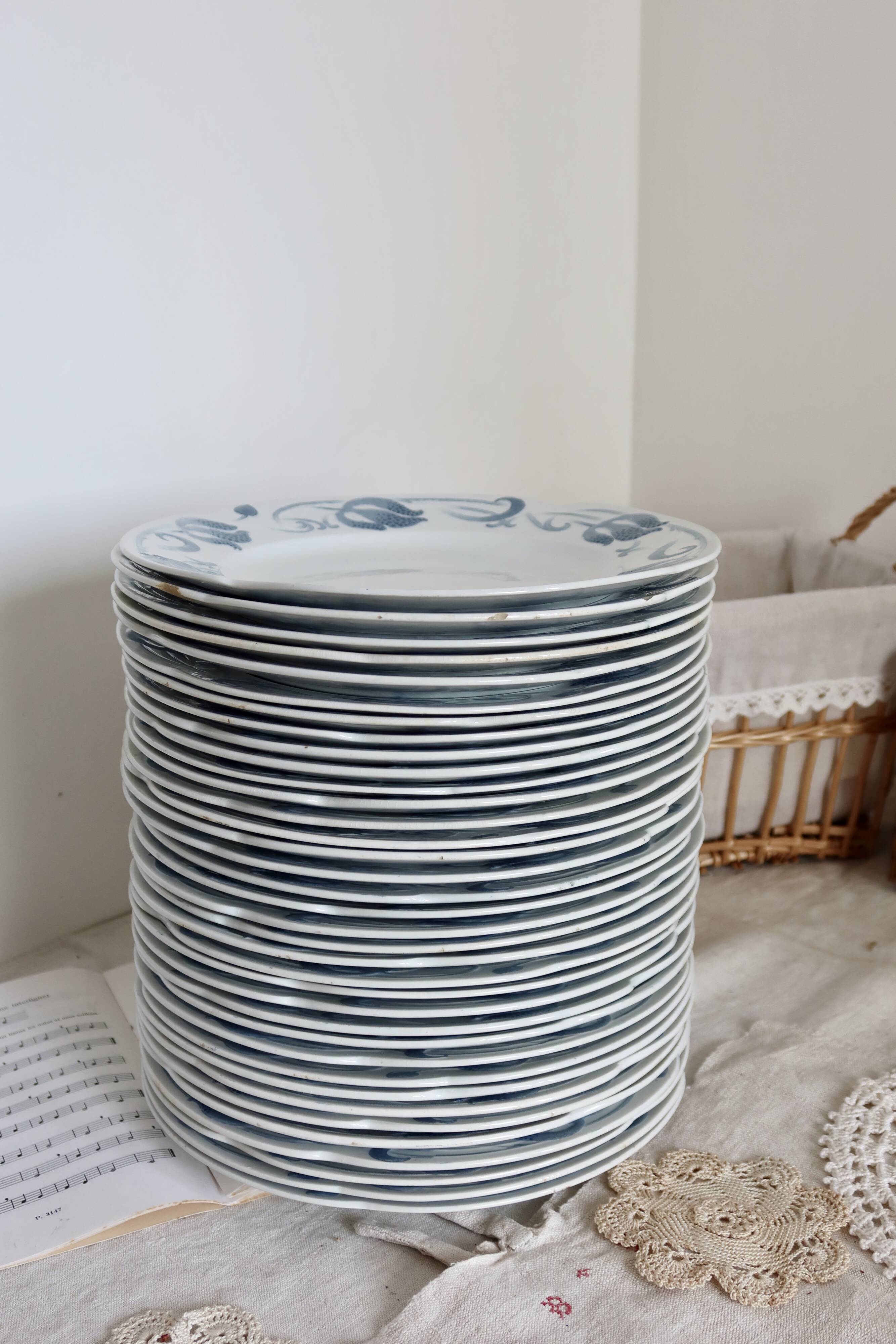 6 flat plates - Antique tableware set 82 pieces Sarreguemines earthenware Art Nouveau style