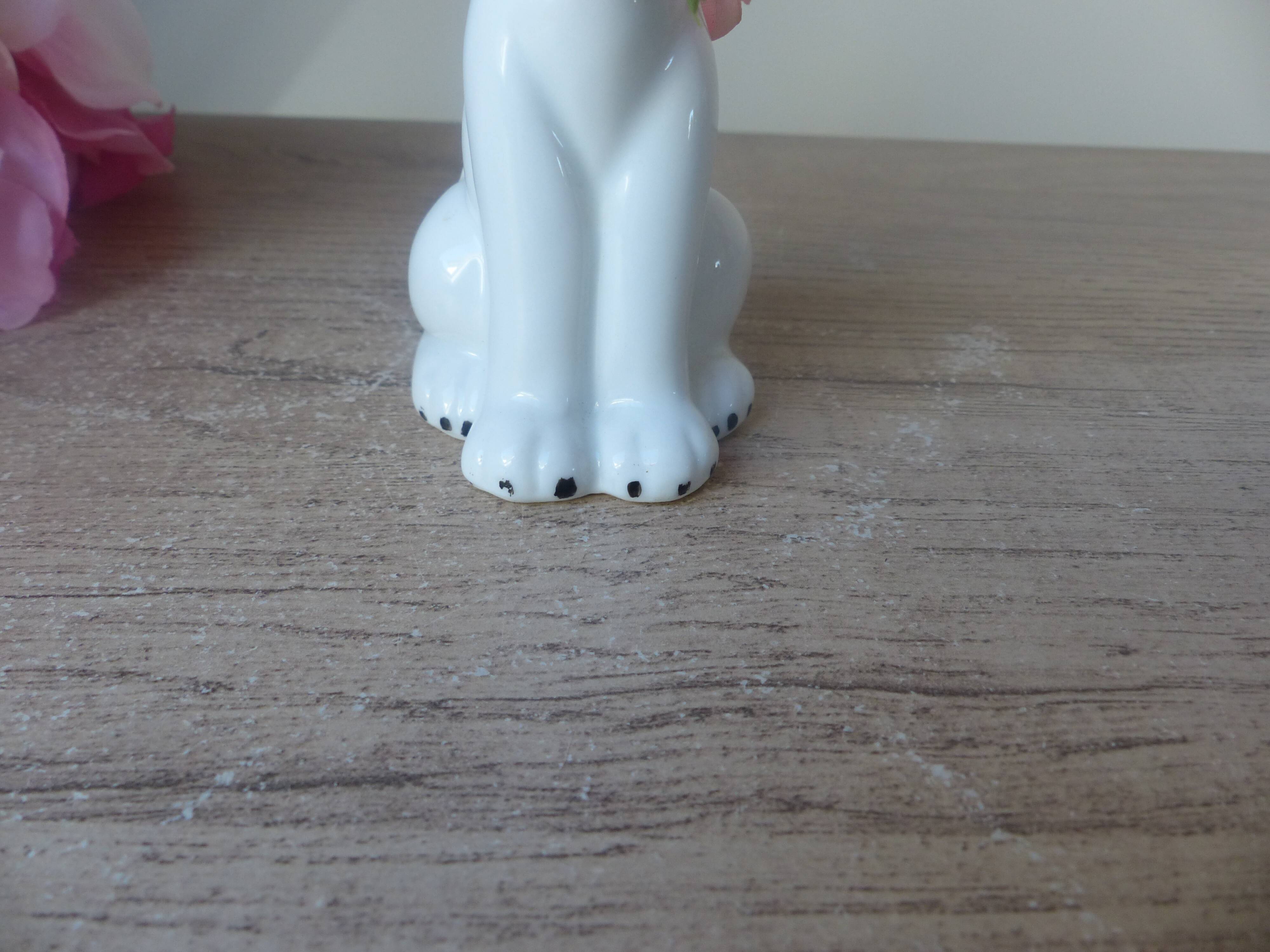 Vintage Small Romantic Ceramic Dog Figurine with Pink Flower Fabric Ribbon