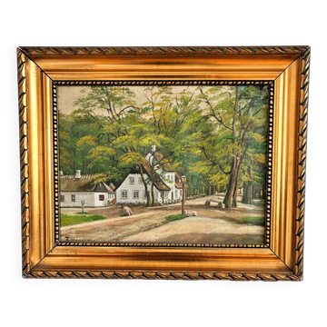 Vintage signed cottage landscape oil painting