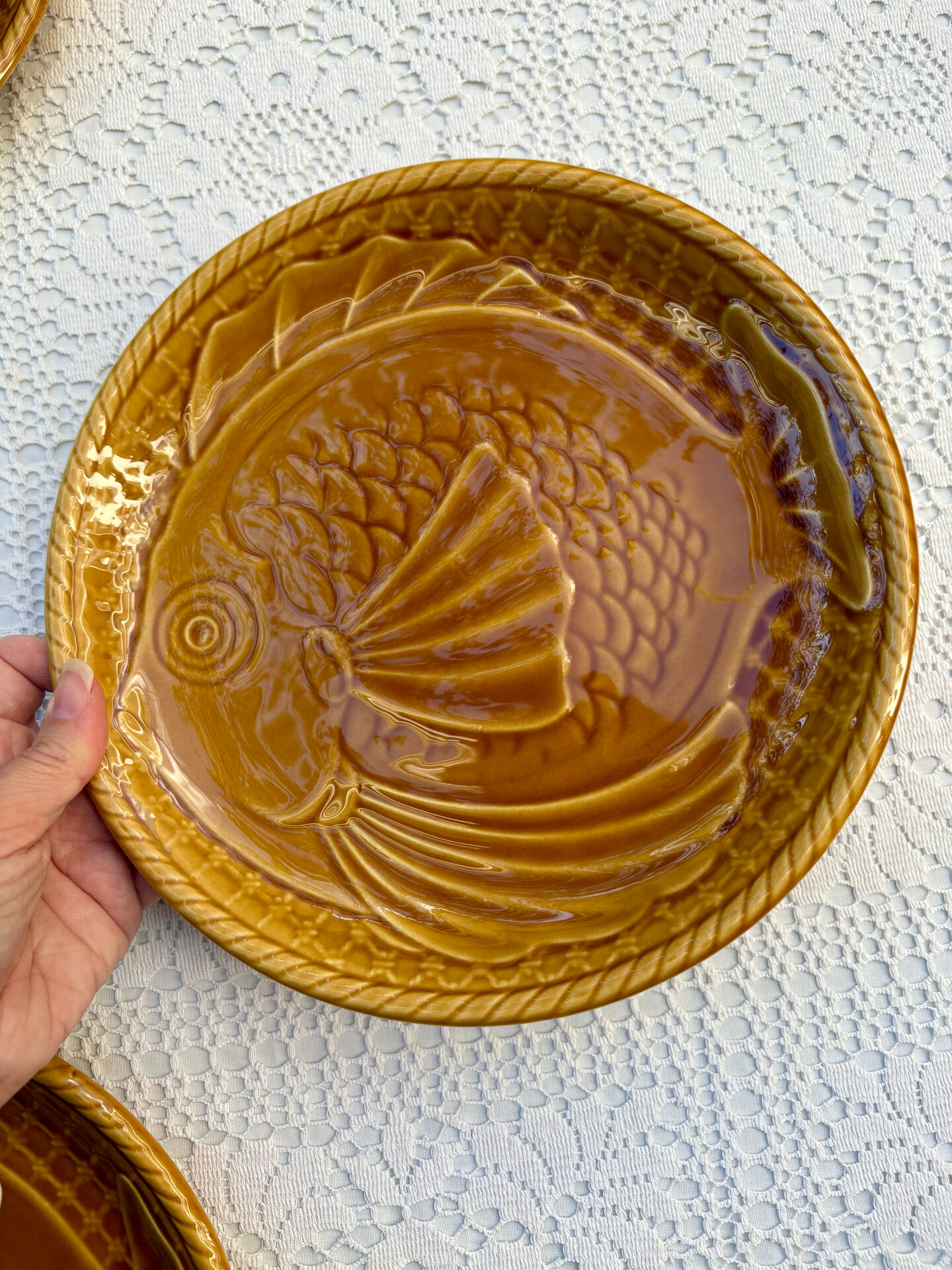 6 large barbotine plates gien fish