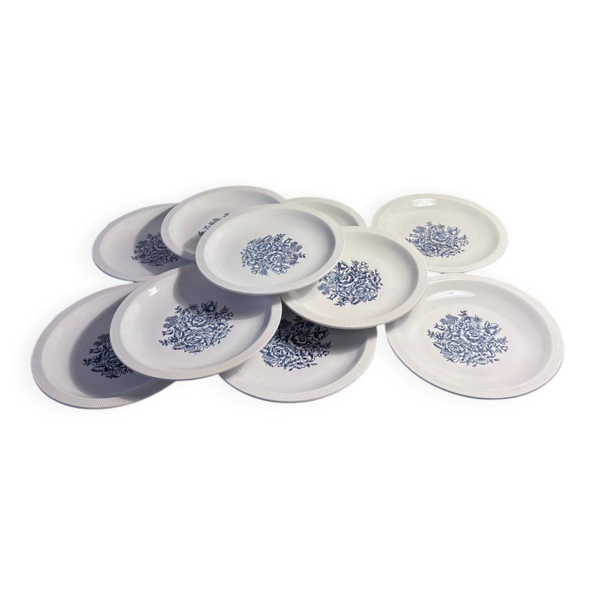 Set of 10 antique Lunéville flat plates – blue floral decoration