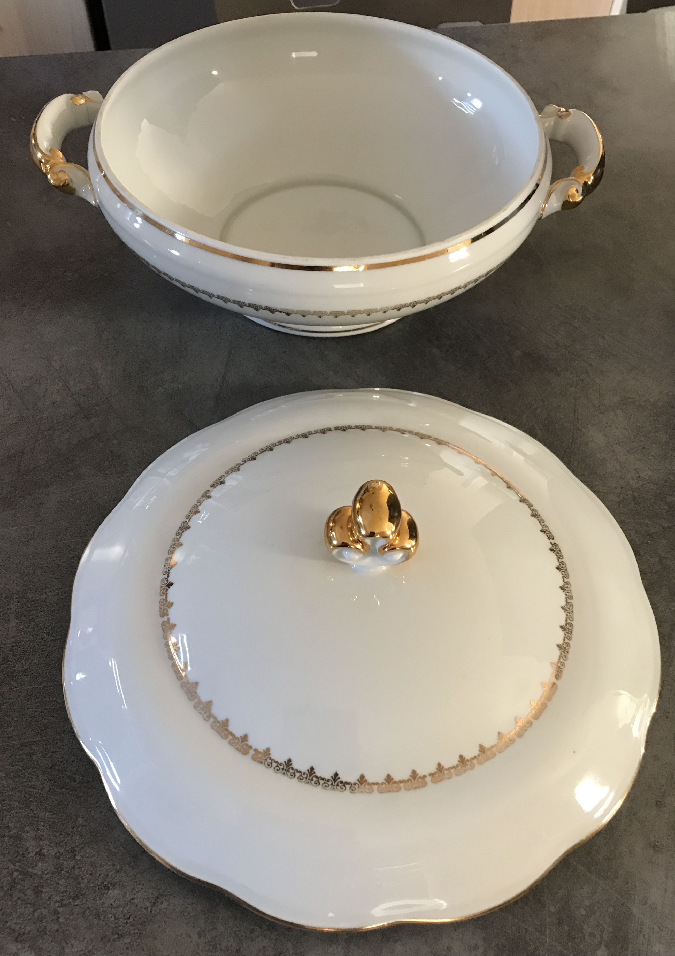 Soup bowl in white porcelain paste and enamels of limoges finish gilding