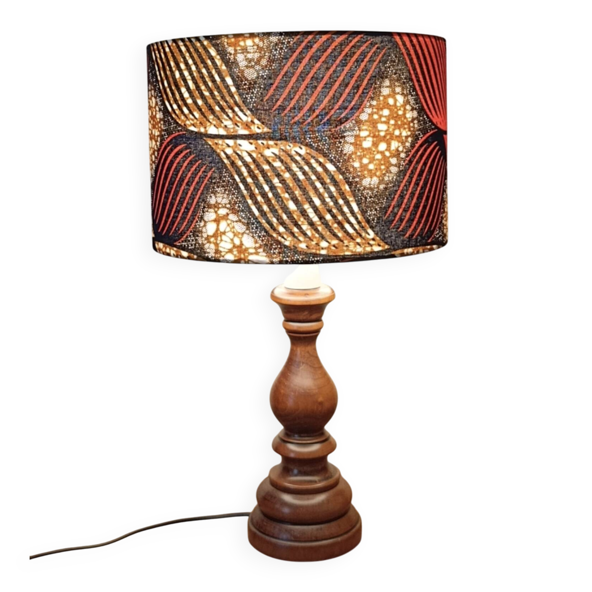 lampe bois tourné massif, imprimé wax ethnique