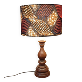 turned solid wood lamp, ethnic wax print