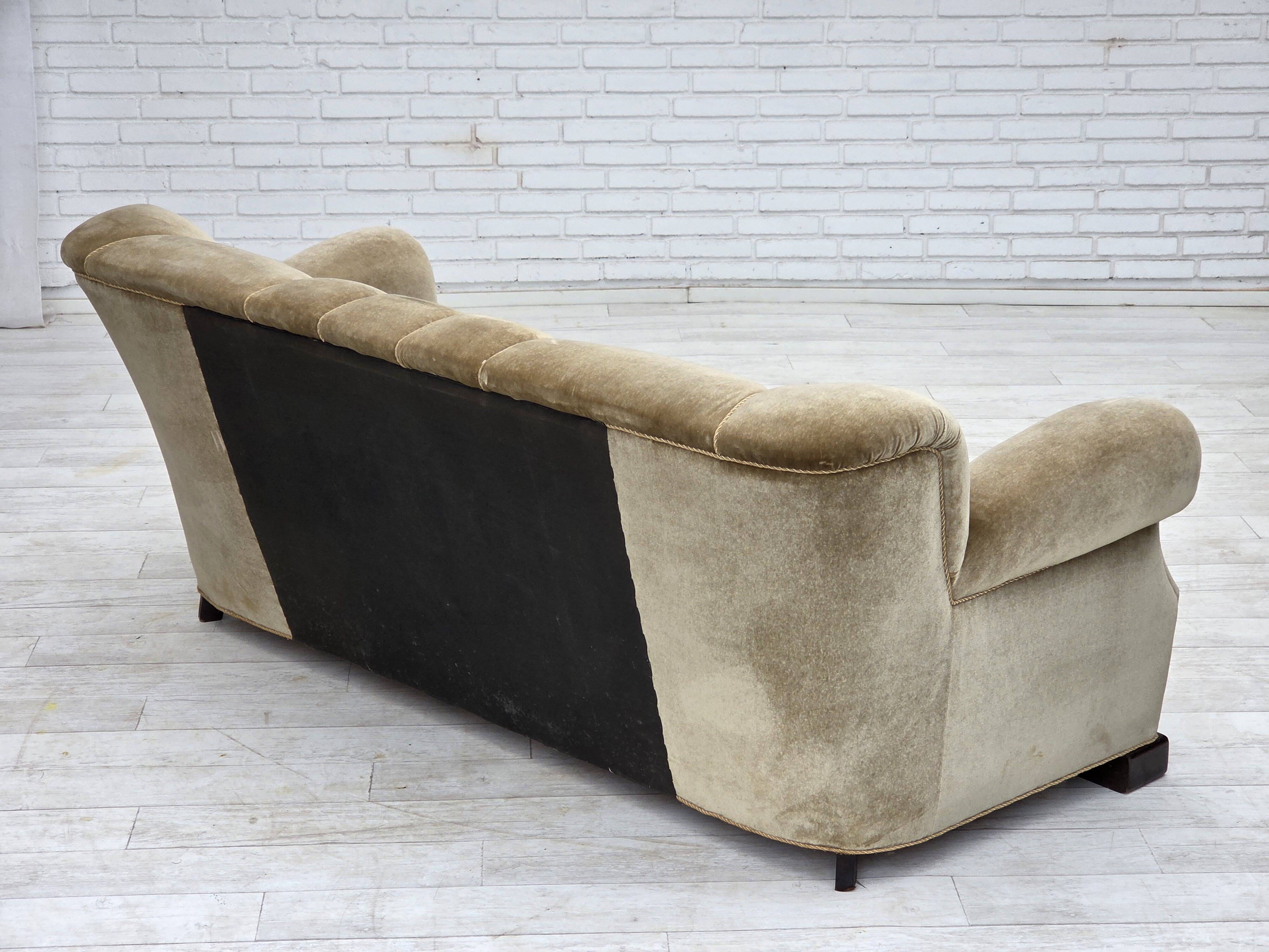 1960s, Danish 3-seater sofa, green furniture velour, oak wood legs.