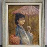 R. Milot – Young Woman with a Parasol – Oil on Panel – Art Deco Period