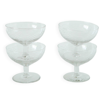 Set of 4 engraved crystal champagne glasses, arabesque motifs, 1950