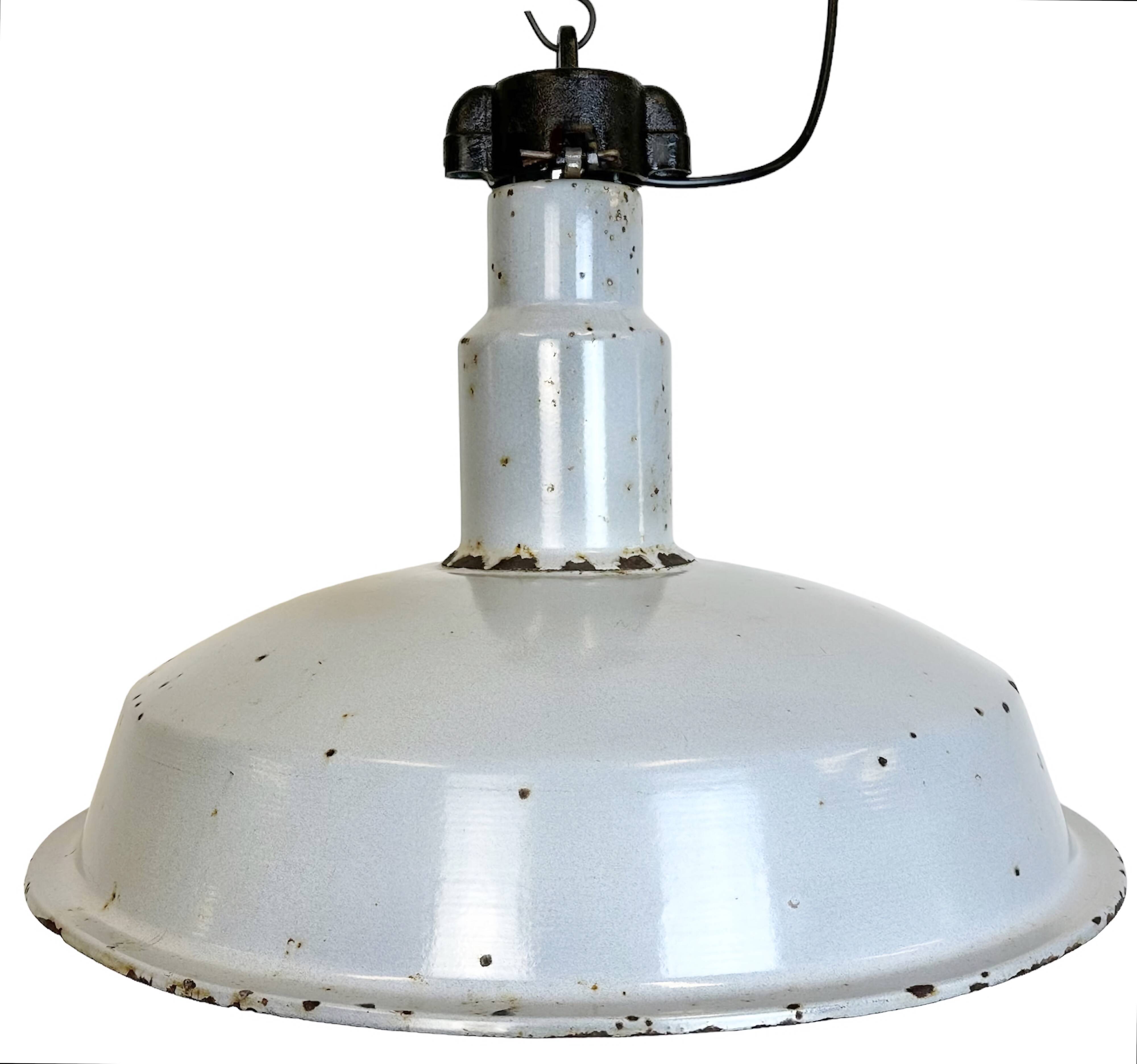Large industrial midcentury grey enamel factory lamp, 1950s