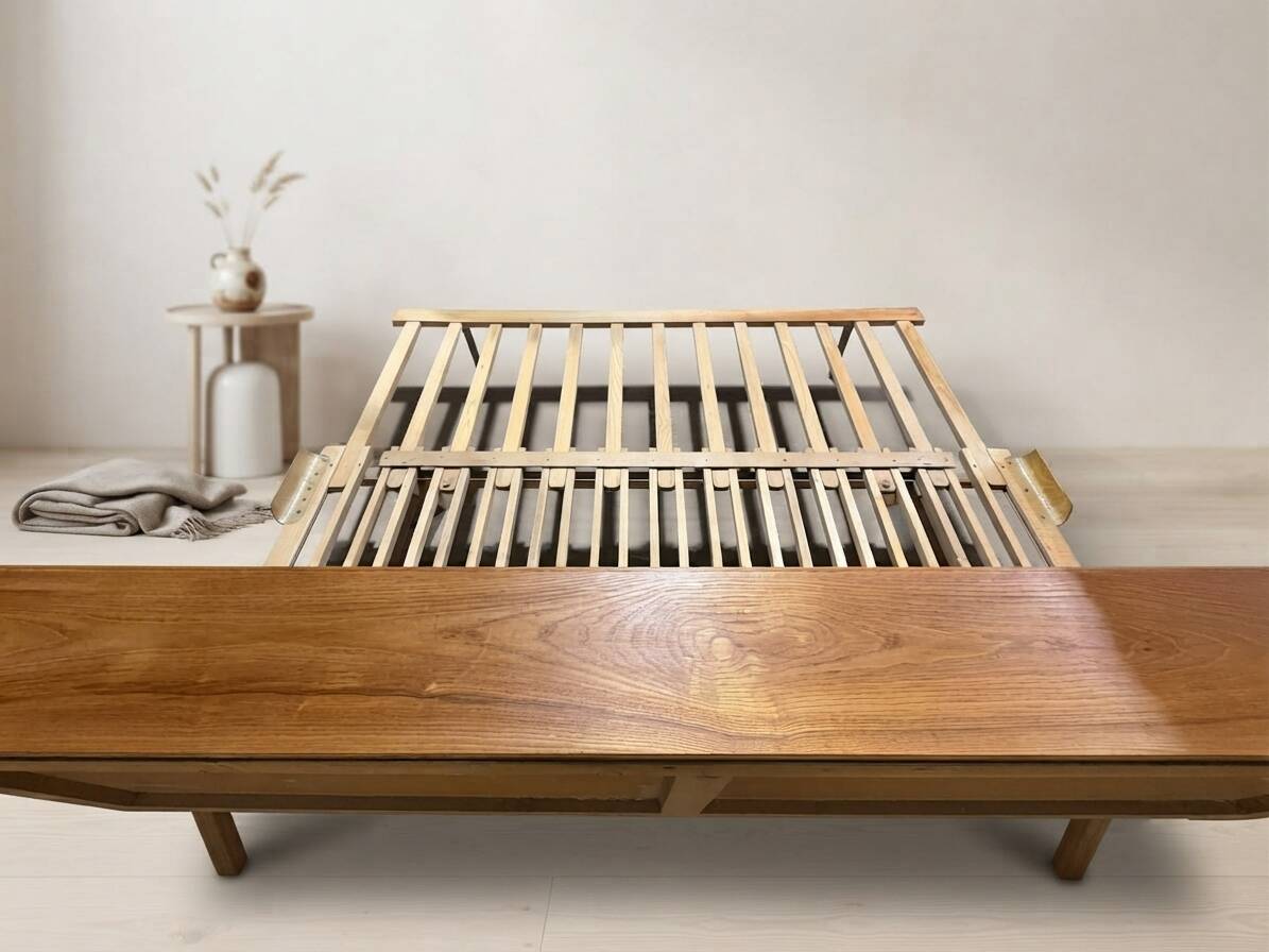 Mid-century wooden folding sofa bed frame, extendable daybed, Czechoslovakia, 190 × 151 × 77 cm