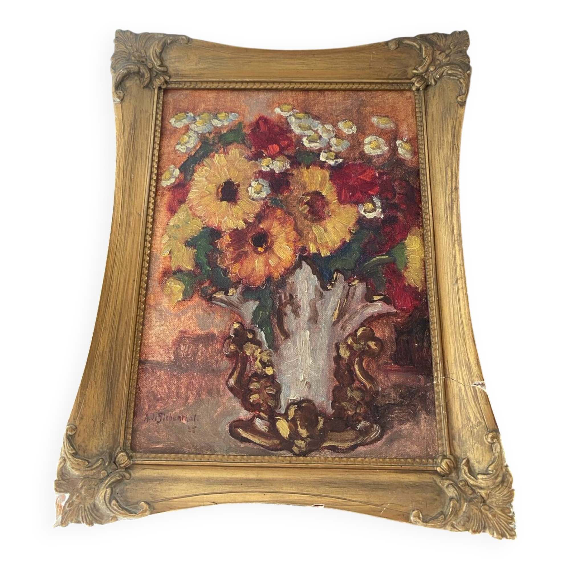 Huile sur panneau ancienne encadrée bouquet de fleurs