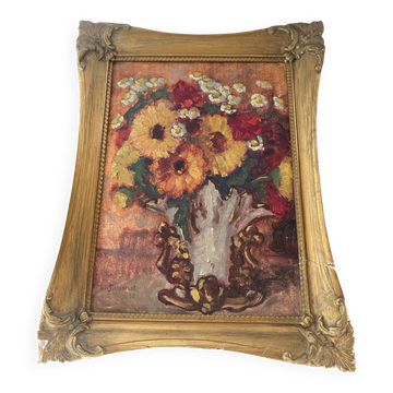 Huile sur panneau ancienne encadrée bouquet de fleurs