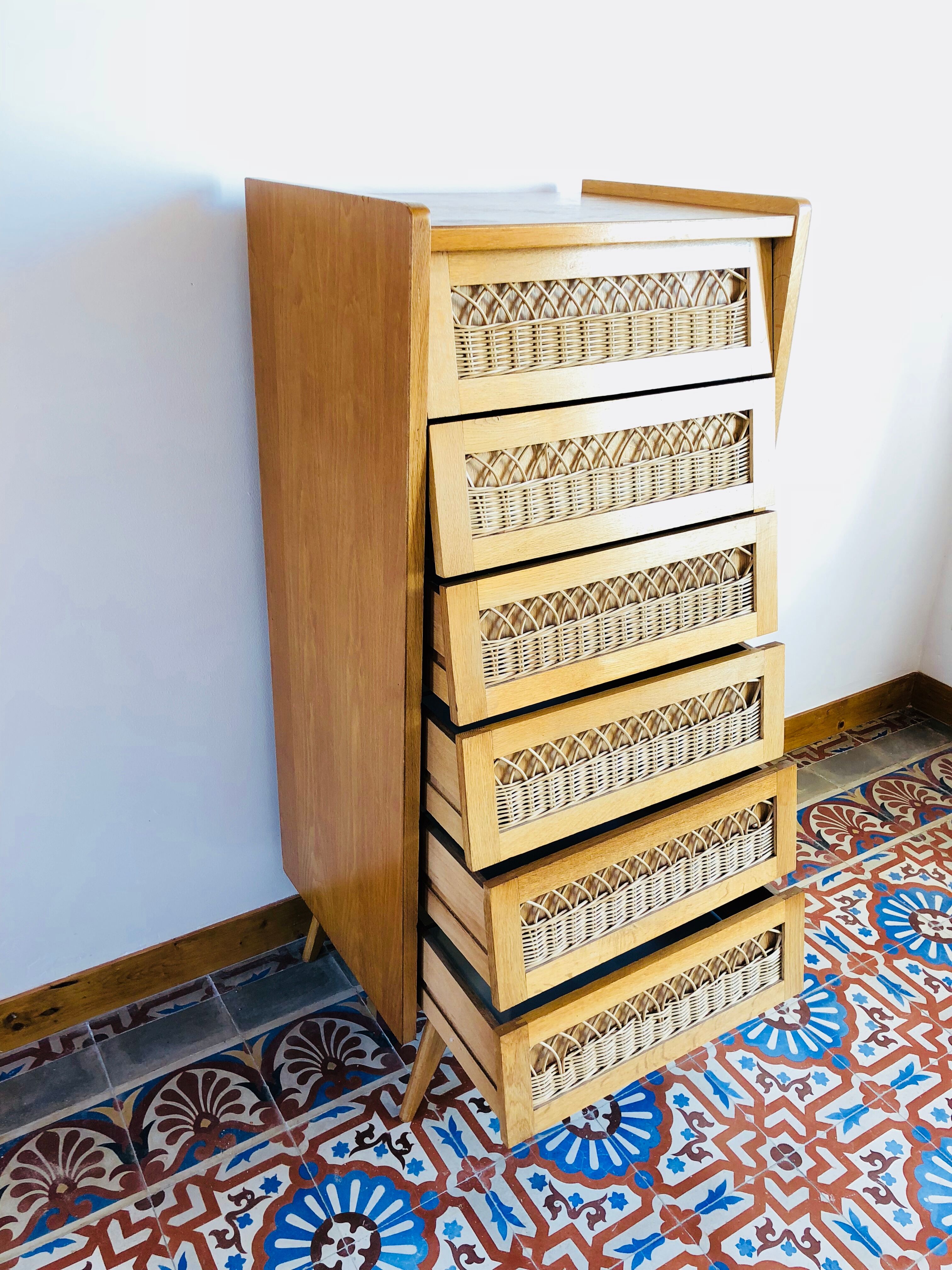 Chest of drawers vintage wood and wicker feet compass