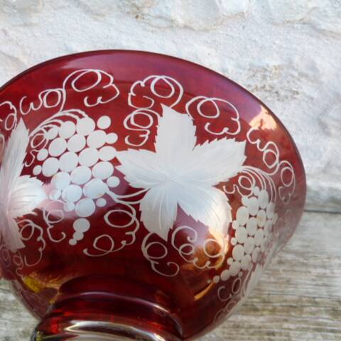 Garnet double crystal salad bowl with Bohemian glass grape motifs.