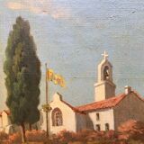 Painting Animated Mediterranean landscape at the monastery 1879 signed F.D.