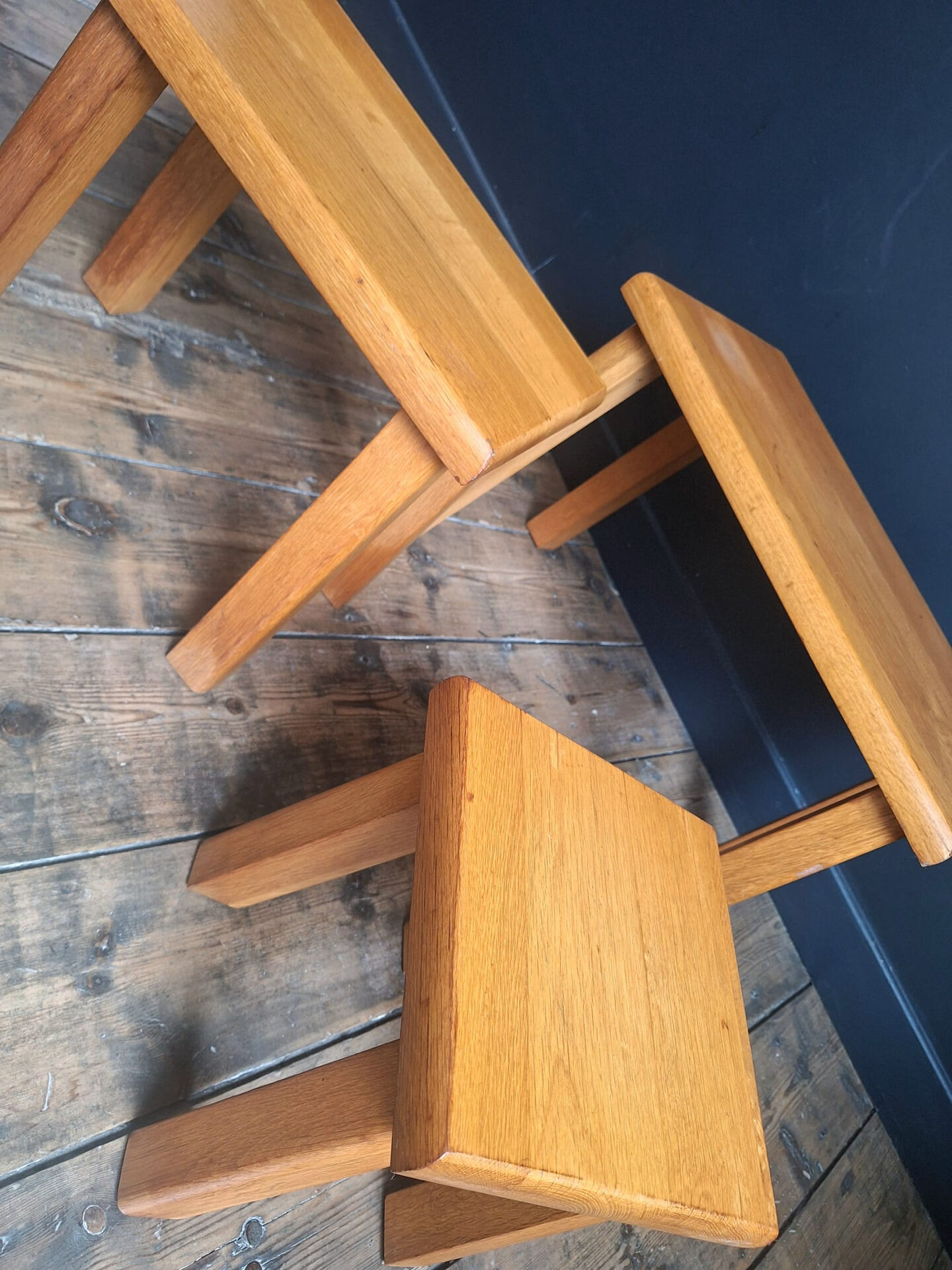 3 nesting tables in vintage elm, brutalist design.