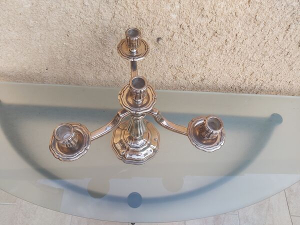 Chandelier 3 branches, métal argenté, Saint Médard