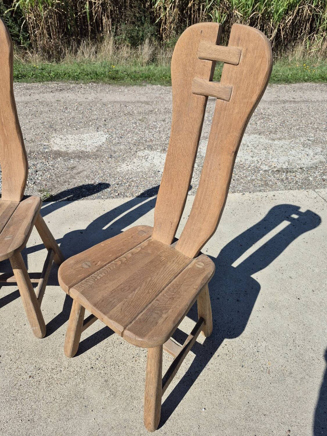 Set 4 vintage brutalist dining chairs De Puydt Belgium solid oak