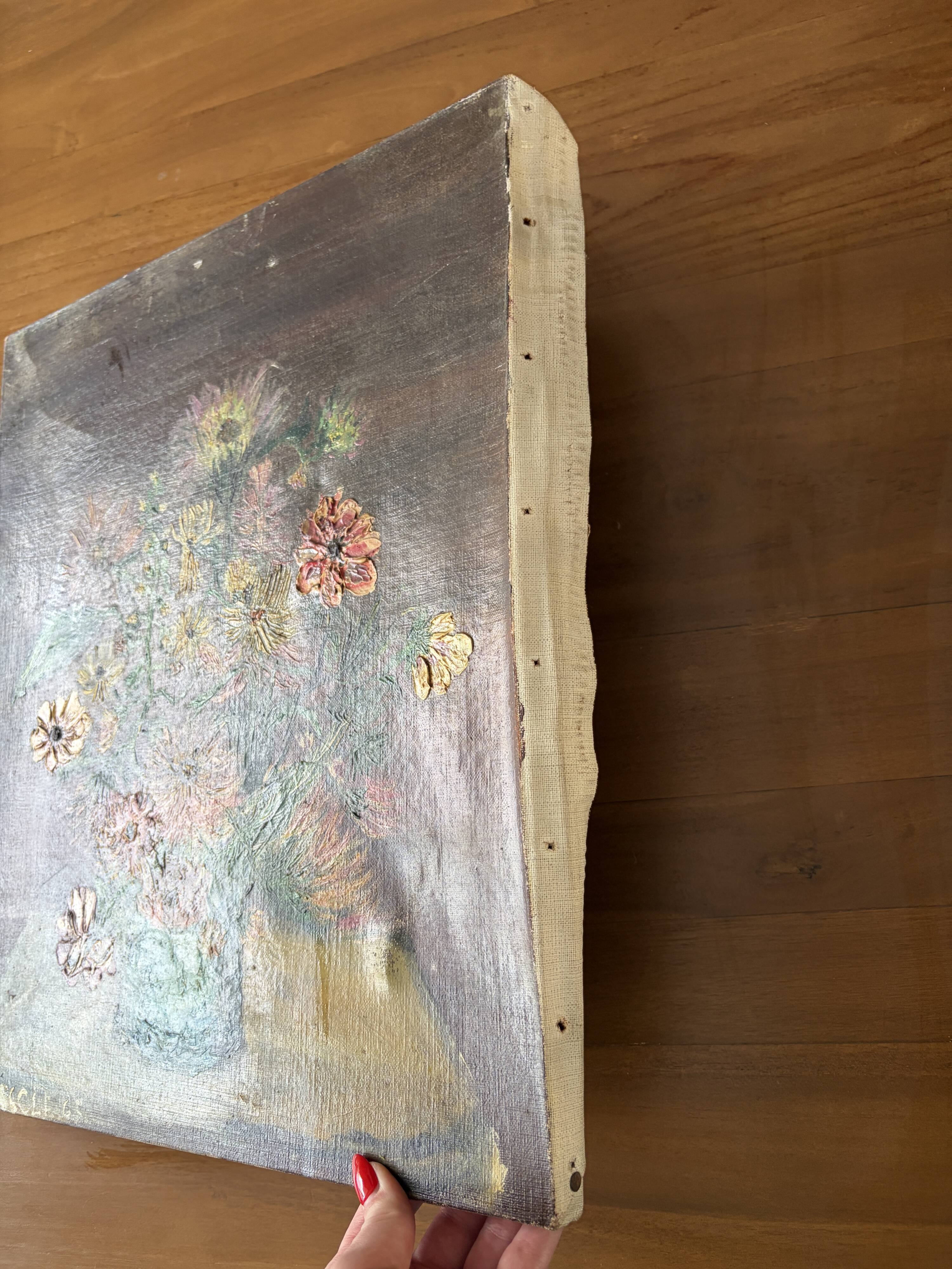 Tableau peinture originale bouquet de fleurs Lefranc vintage 1965