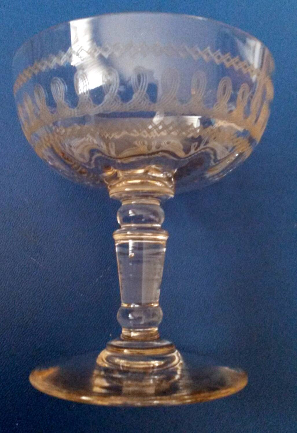 8 Antique Engraved Crystal Champagne Glasses 250517