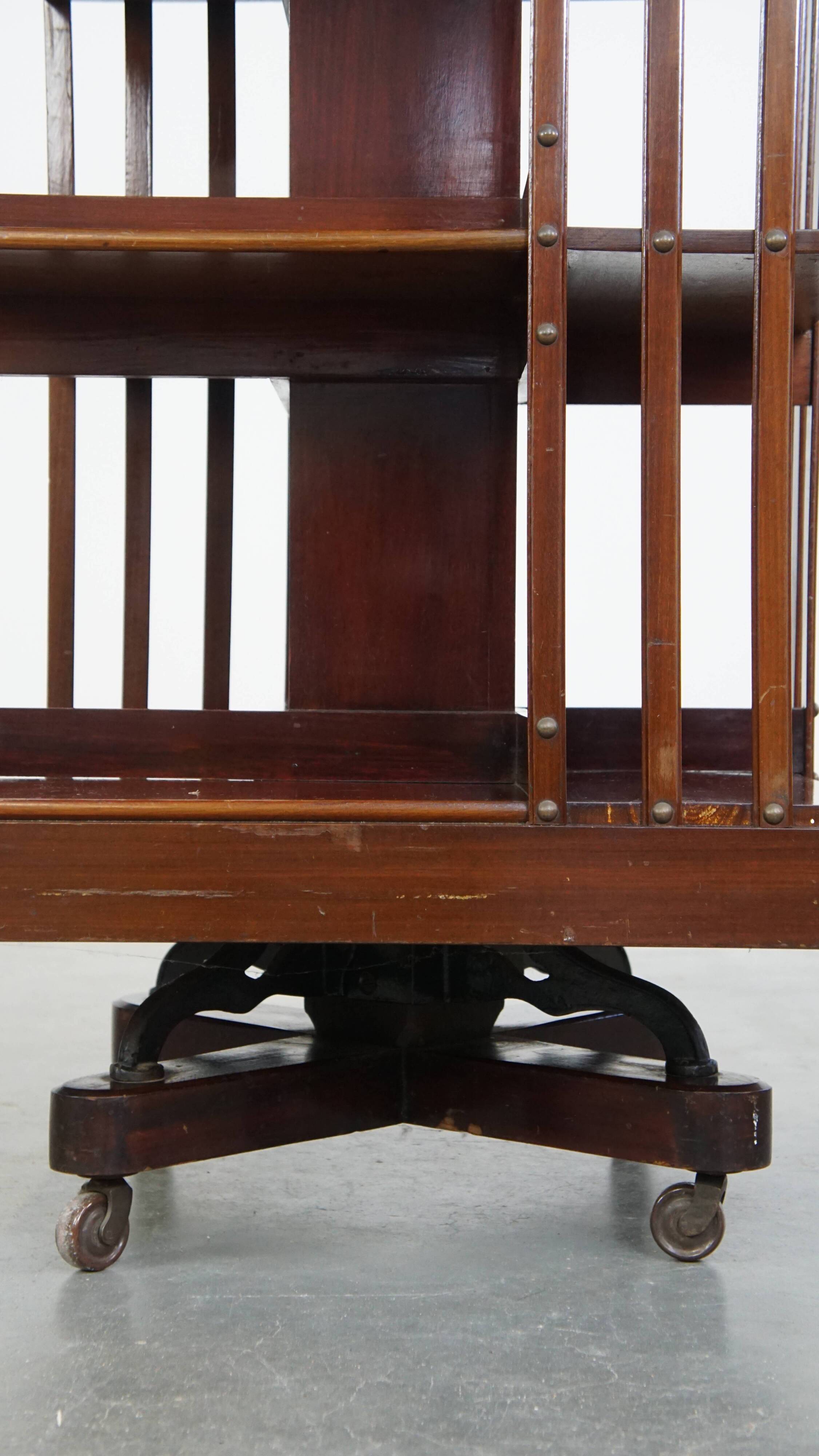 Large Antique Wooden English Book Carousel with Cast Iron Base