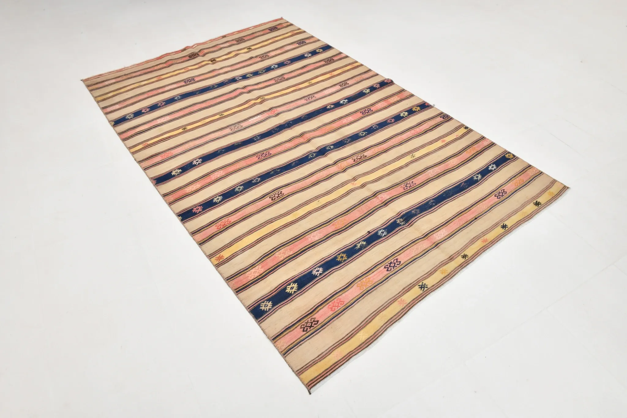 Turkish Vintage Blue & Beige Kilim Rug, Mid Century Modern Farmhouse Decor