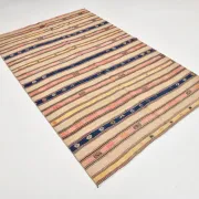 Turkish Vintage Blue & Beige Kilim Rug, Mid Century Modern Farmhouse Decor
