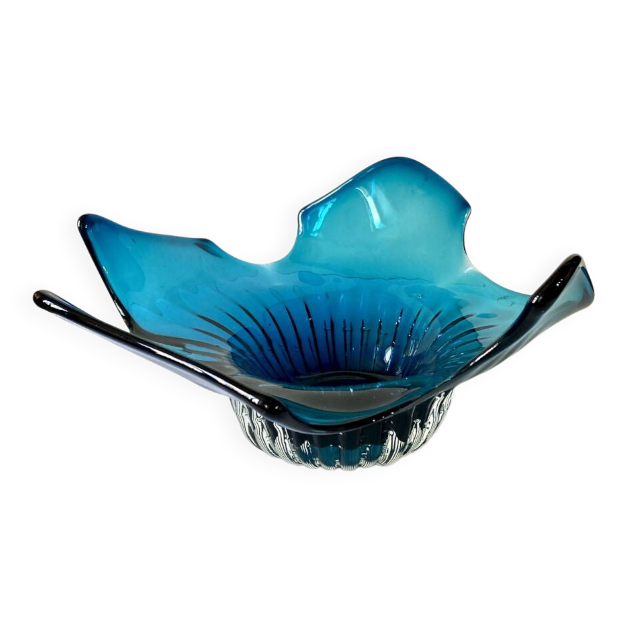 Large blue blown glass fruit bowl