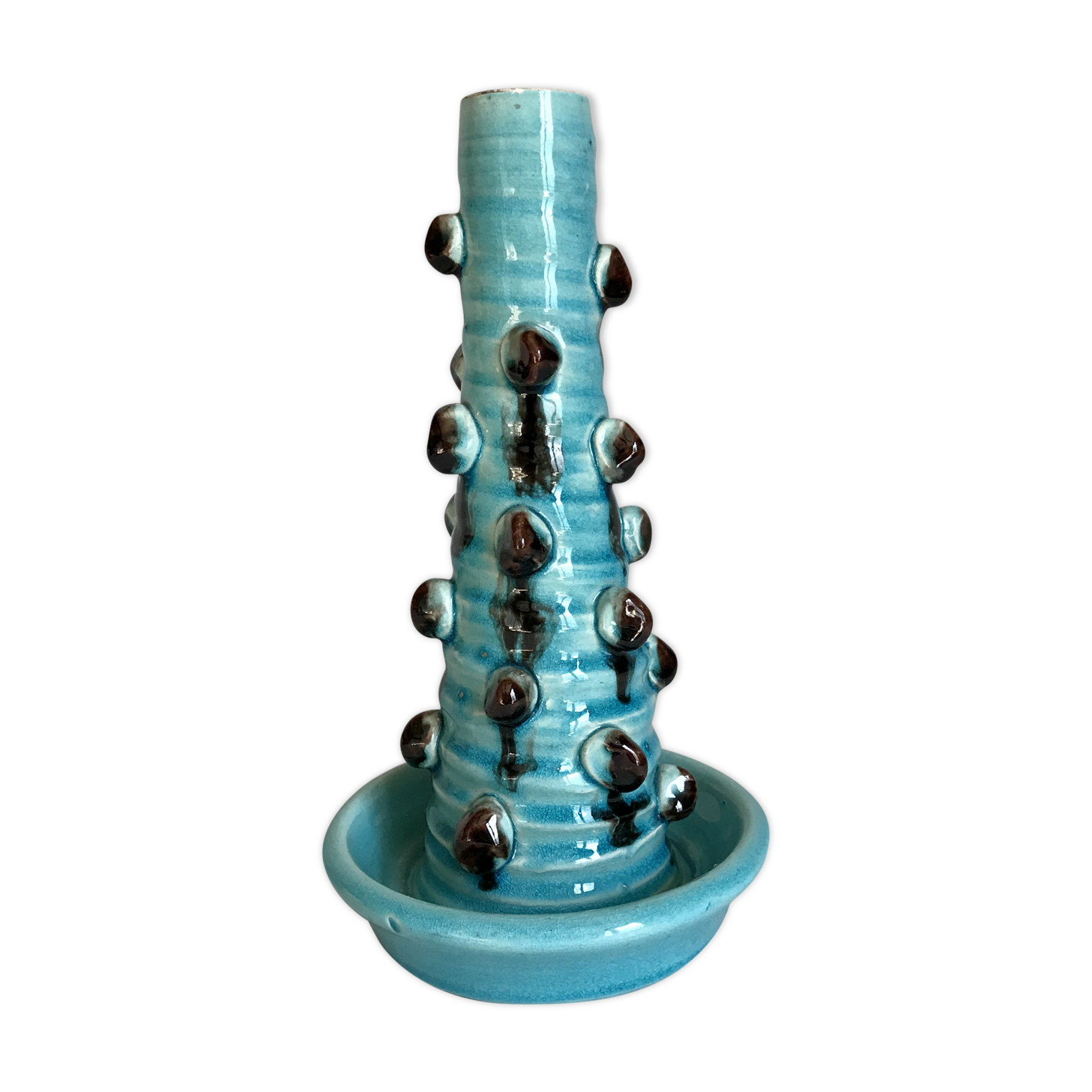 Pied de lampe ou bougeoir Accolay à décor de boules, émail bleu turquoise et brun, vers 1960-1970.