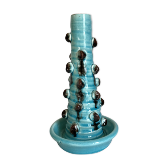 Lamp foot or Accolay Bougeoir decorated with balls, turquoise blue and brown enamel, circa 1960-1970.