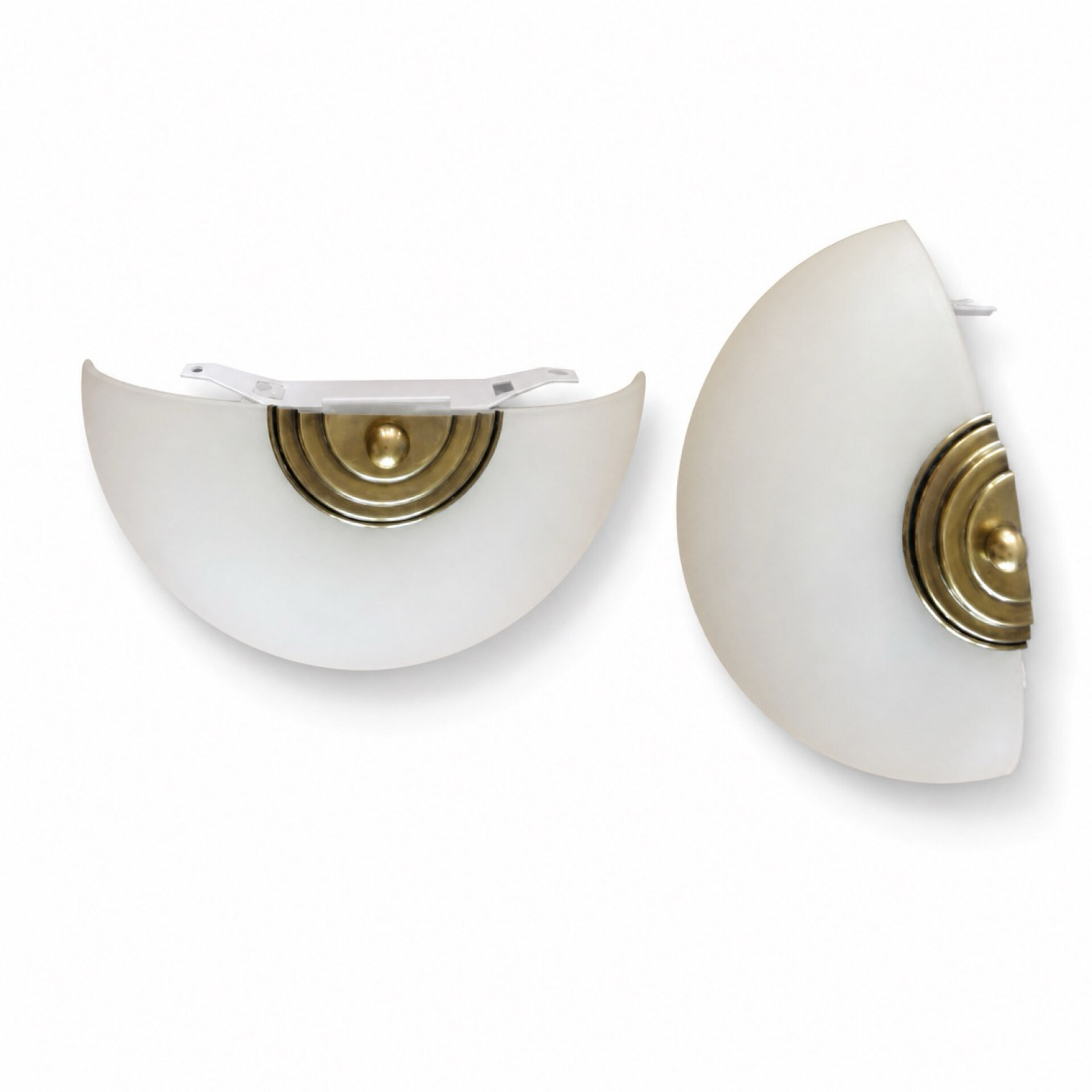 Pair of vintage wall lights in brass and opaline glass, Art Deco style.