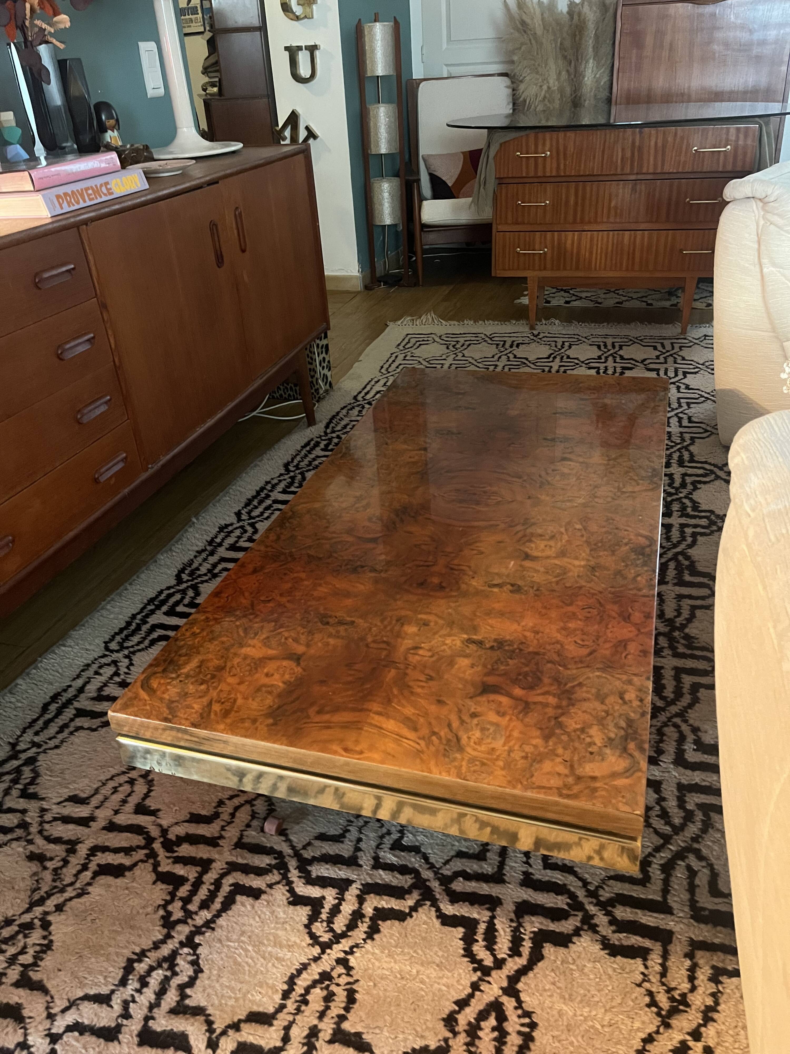 70s coffee table in brass and elm burl