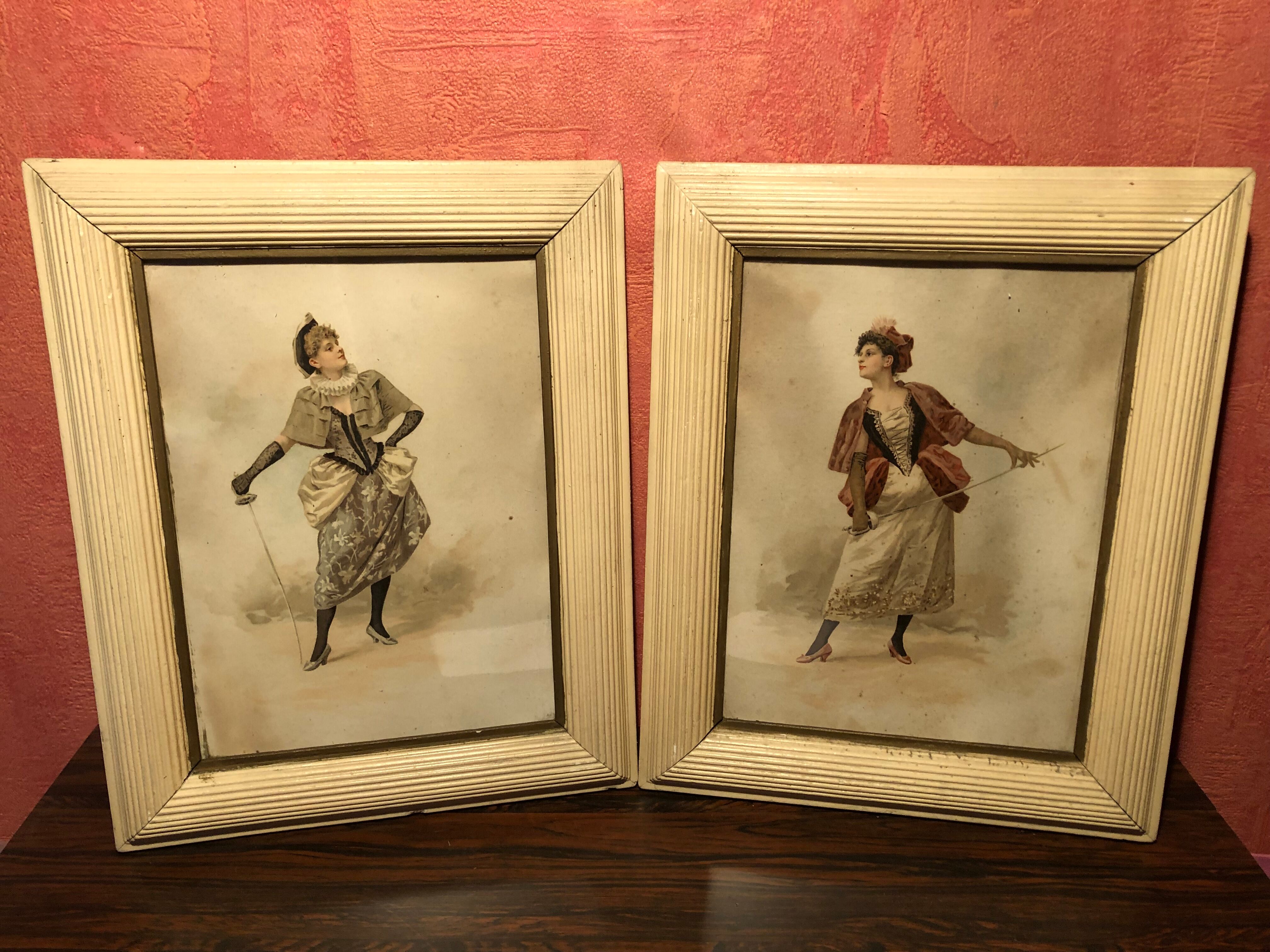 Pair Old Fashion Engraving Color + Frame Wood Vintage Cream