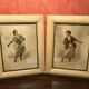 Pair Old Fashion Engraving Color + Frame Wood Vintage Cream