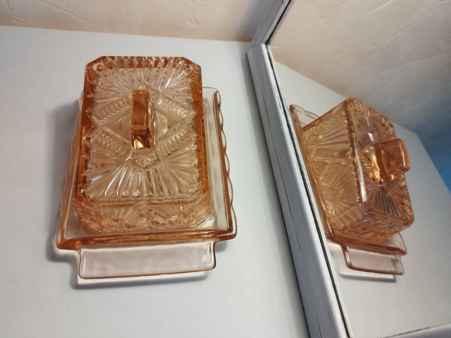 Pink glass butter dish