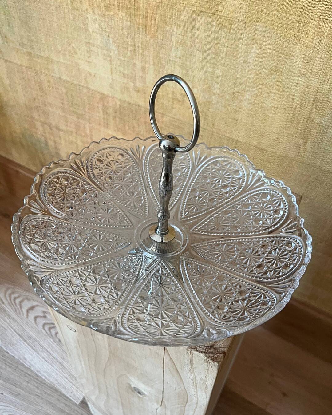 Vintage pressed glass and metal serving tray – 20th century