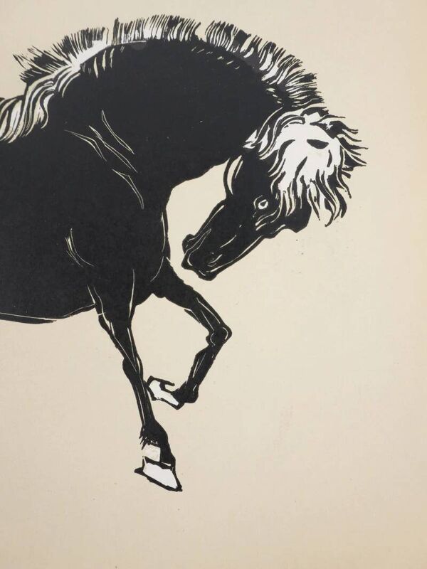Mokuchu URUSHIBARA : Estampe japonaise, cheval faisant la révérence (crème), gravure sur bois signée
