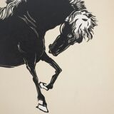 Mokuchu URUSHIBARA: Japanese print, horse bowing (cream), woodblock print, signed