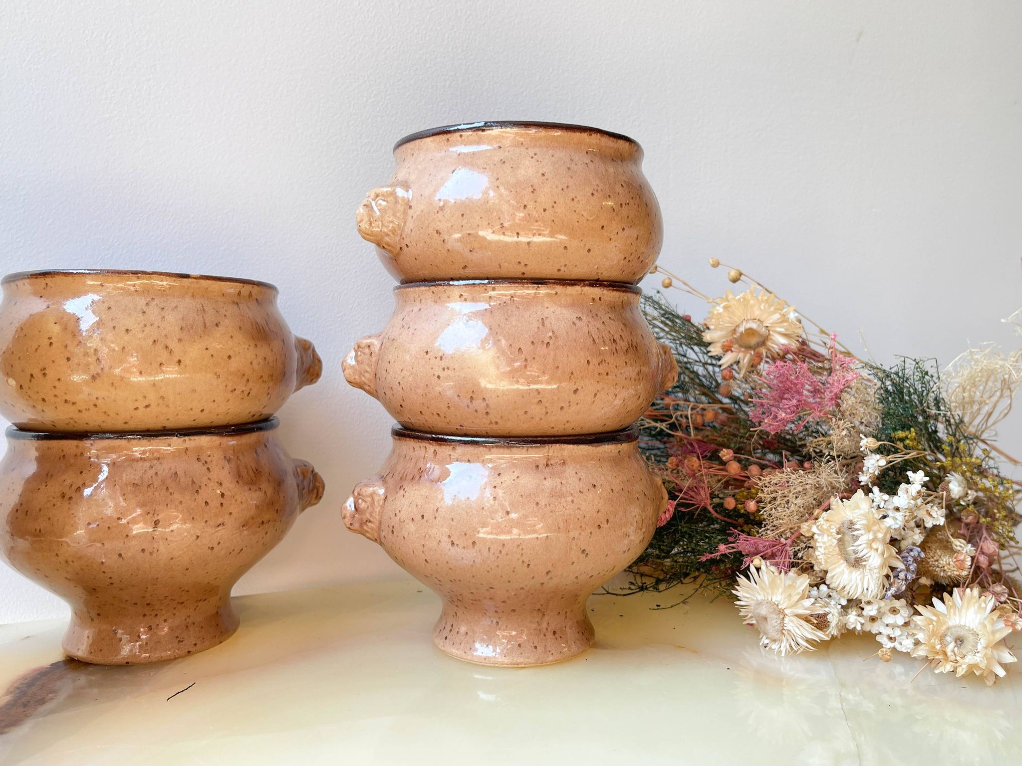 9 Vintage Emile Henry Speckled Beige Ceramic Lion Head Bowls Made in France
