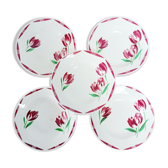 5 assiettes creuses Badonviller tulipes