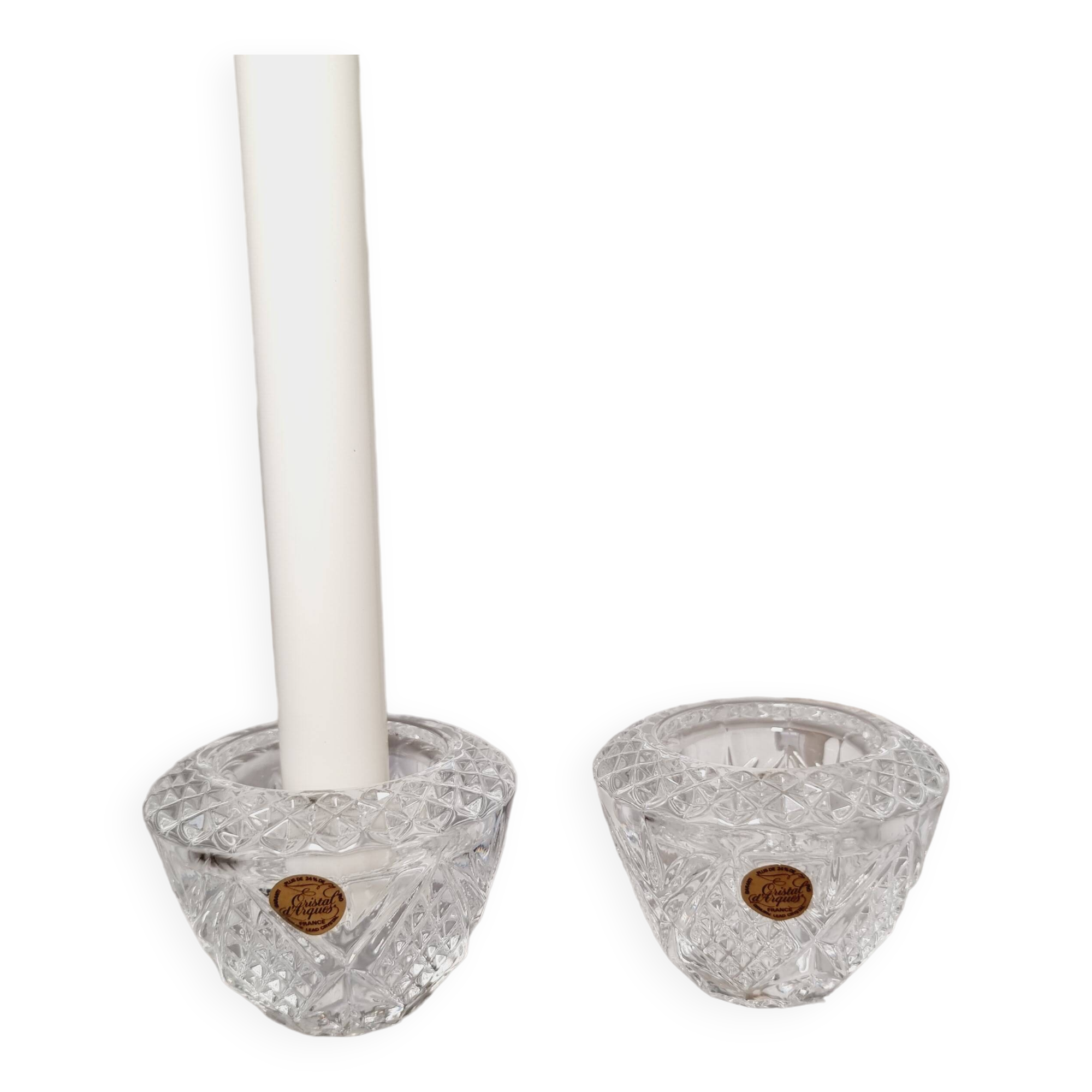 2 French cut crystal candlesticks D Arques with label