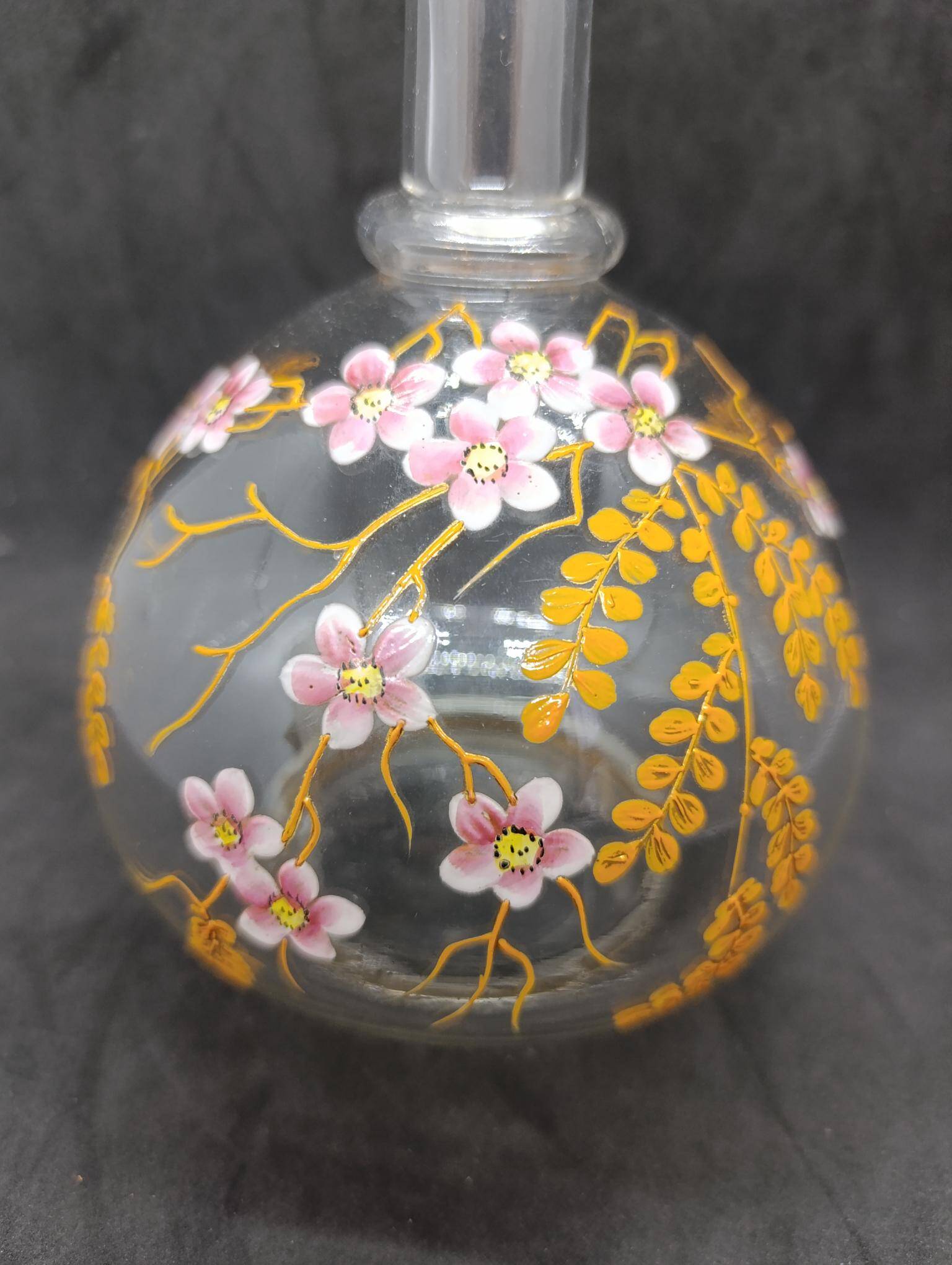 Glass vase/bottle with enamelled floral decoration in legras style in good condition