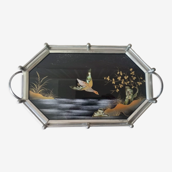 Old tray Art Deco decor duck inlay mother-of-pearl