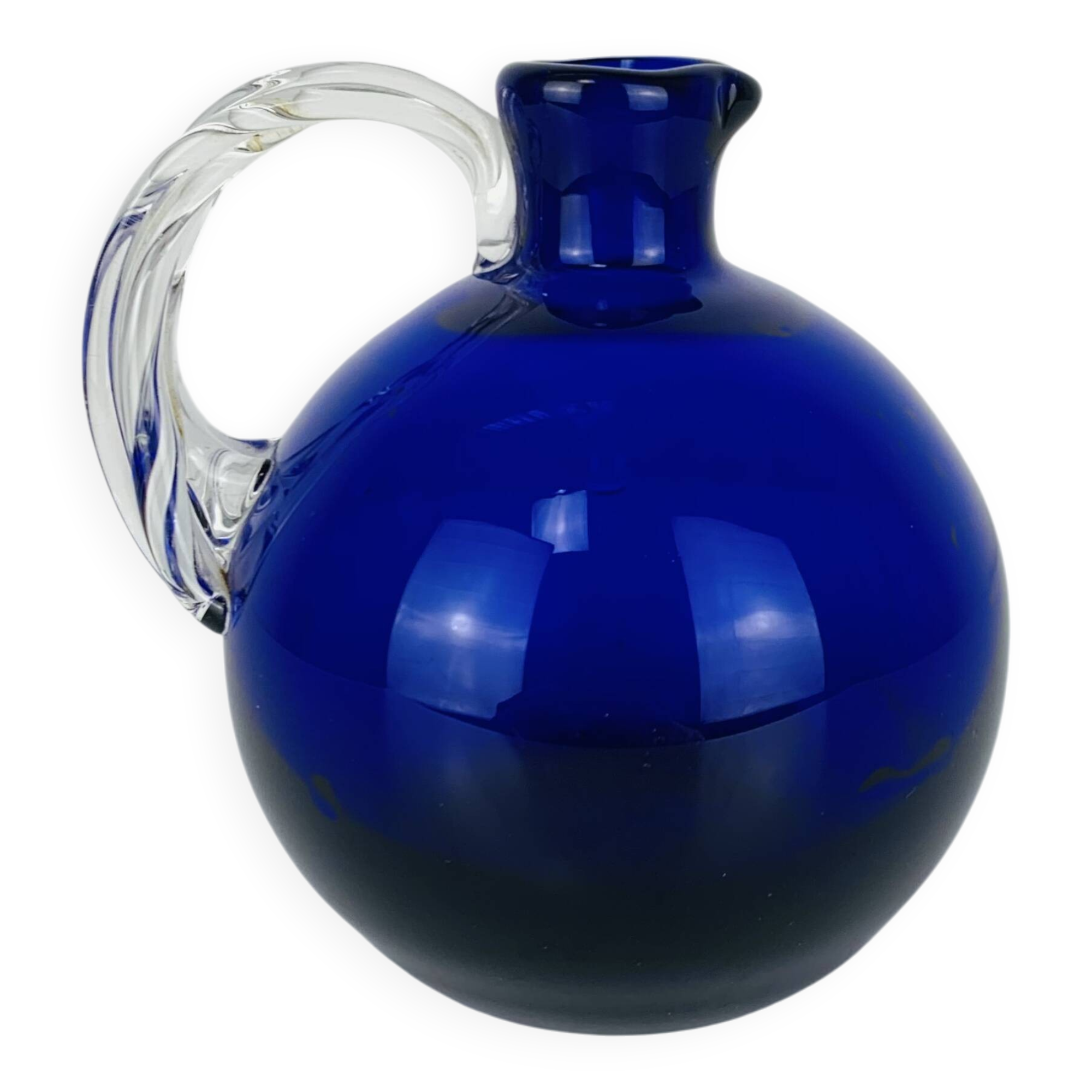 Vase rond verre de Murano bleu, anse torsadée, vintage