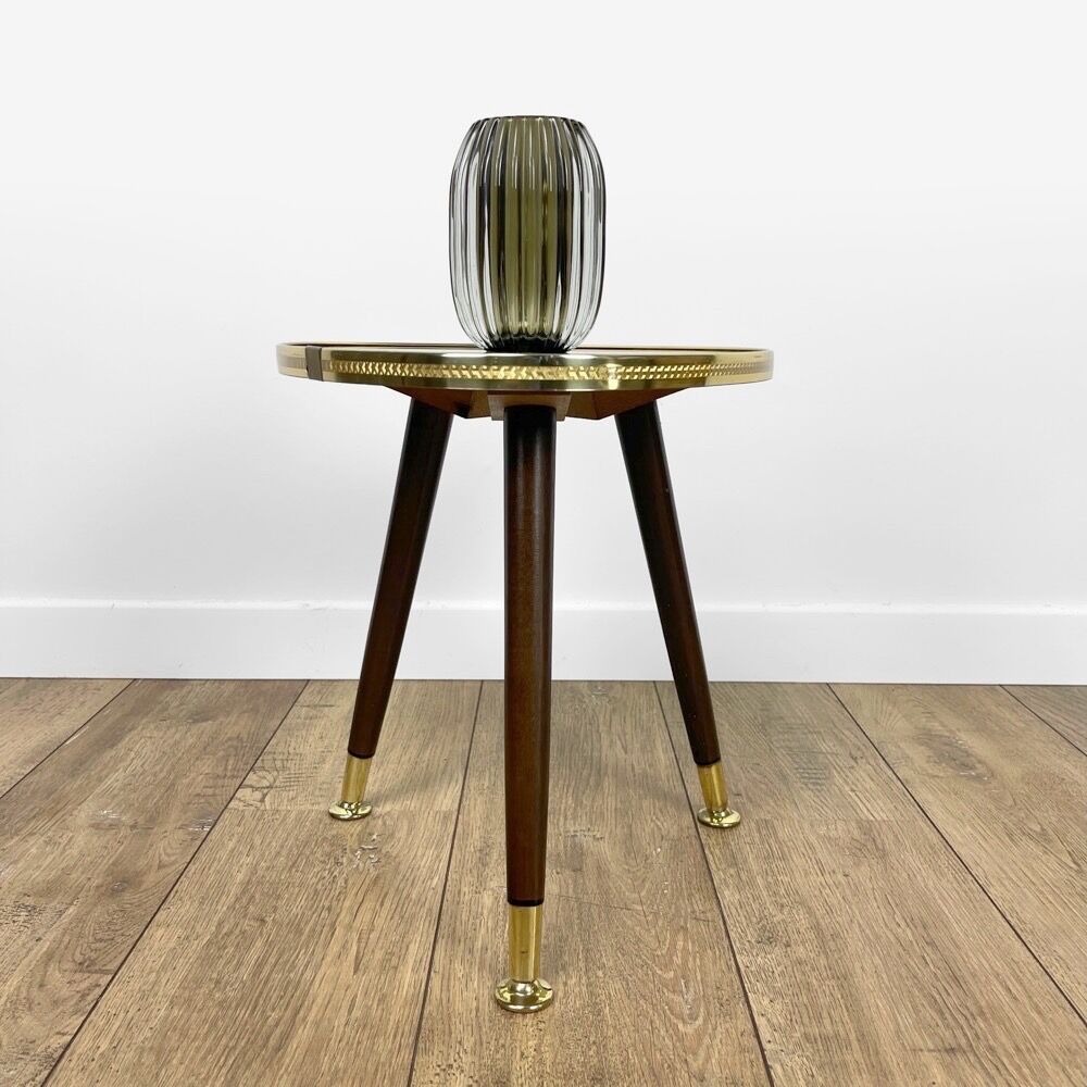 Guéridon tripode verre bois et laiton années 50