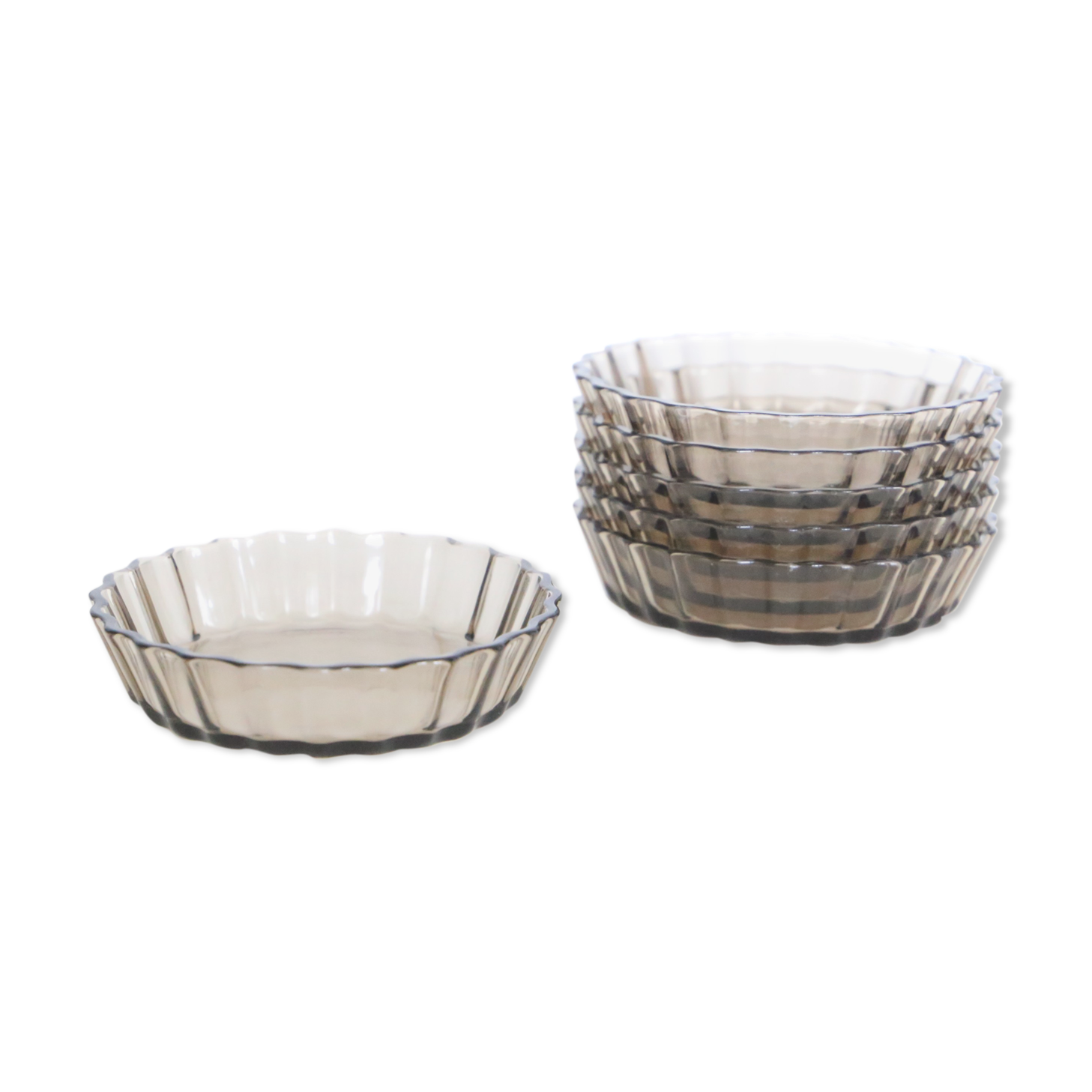 6 plats à tartelette, Arcopal, verre fumé, Vintage