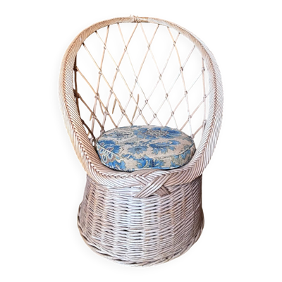 Fauteuil coquille vintage en rotin tressé avec coussin d'origine