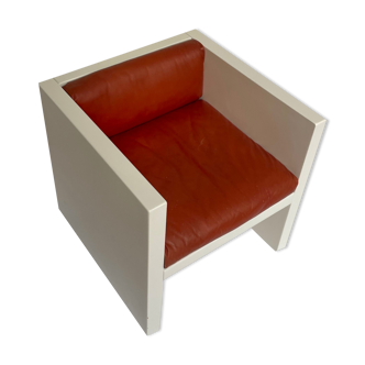 Tan Leather Cube Chair inspired by Lella & Massimo Vignelli